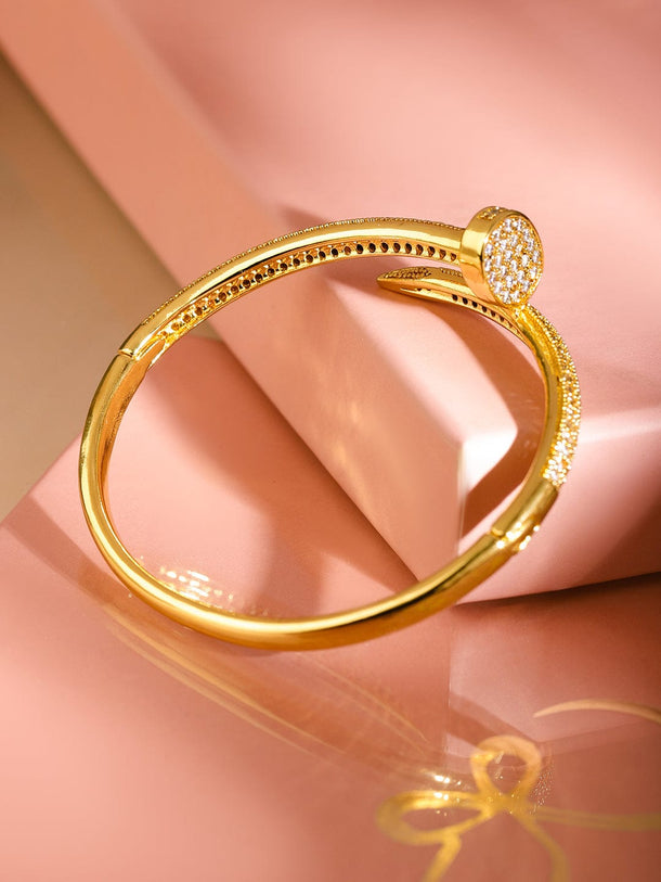 Rubans 18K Gold-Plated Cubic Zirconia Studded Demi-Fine Openable Nail Design Bracelet Wristwear