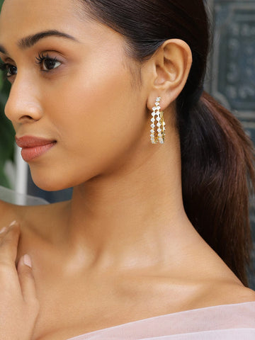 Rubans 18K Gold-Plated Cubic Zirconia Studded Elegant Double Row Hoop Earrings Earrings