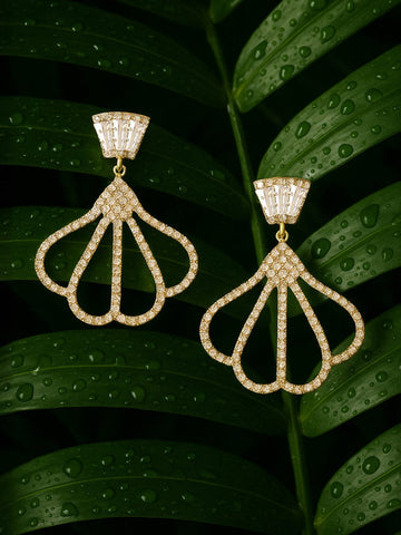 Rubans 18K Gold Plated Cubic Zirconia Studded Fan-Shaped Dangle Earrings Earrings