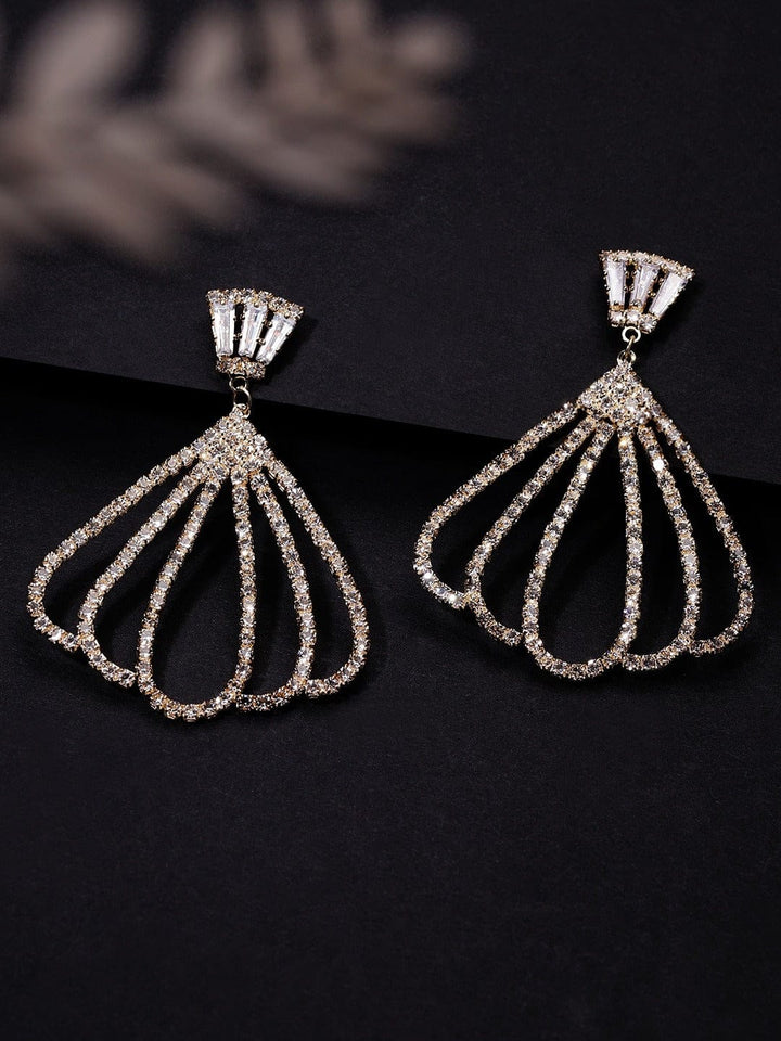 Rubans 18K Gold Plated Cubic Zirconia Studded Fan-Shaped Dangle Earrings Earrings
