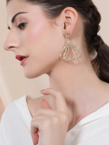 Rubans 18K Gold Plated Cubic Zirconia Studded Fan-Shaped Dangle Earrings Earrings