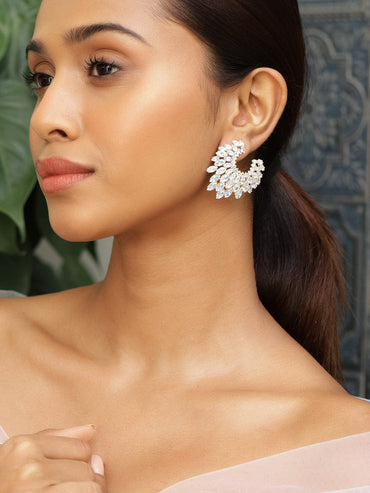 Rubans 18K Gold-Plated Cubic Zirconia Studded Fan-Shaped Statement Stud Earrings Earrings