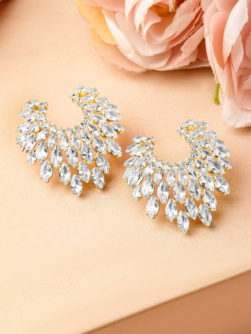 Rubans 18K Gold-Plated Cubic Zirconia Studded Fan-Shaped Statement Stud Earrings Earrings