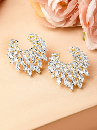Rubans 18K Gold-Plated Cubic Zirconia Studded Fan-Shaped Statement Stud Earrings Earrings