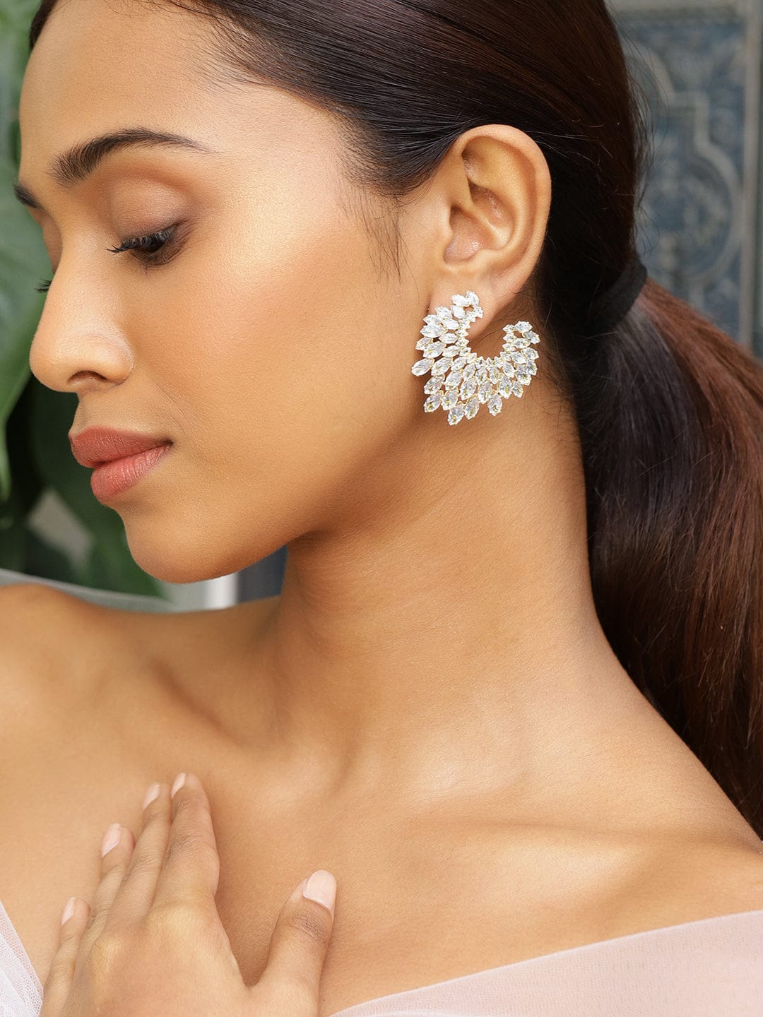 Rubans 18K Gold-Plated Cubic Zirconia Studded Fan-Shaped Statement Stud Earrings Earrings