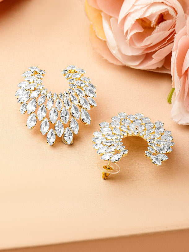 Rubans 18K Gold-Plated Cubic Zirconia Studded Fan-Shaped Statement Stud Earrings Earrings