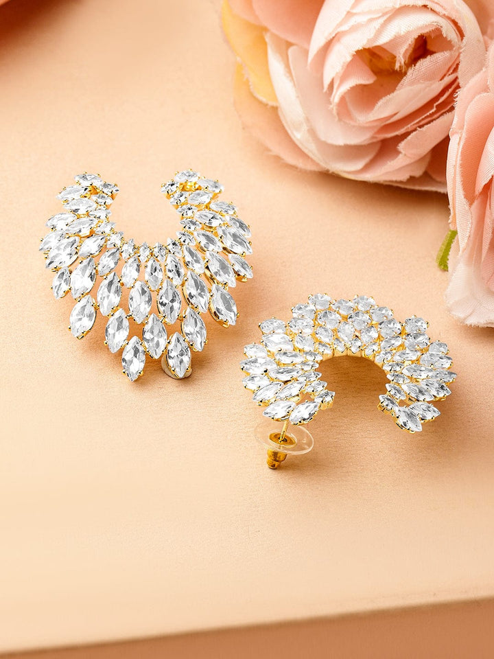 Rubans 18K Gold-Plated Cubic Zirconia Studded Fan-Shaped Statement Stud Earrings Earrings