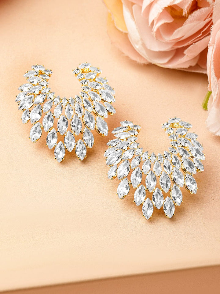 Rubans 18K Gold-Plated Cubic Zirconia Studded Fan-Shaped Statement Stud Earrings Earrings