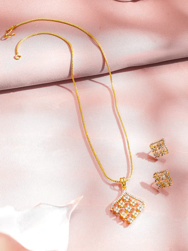 Rubans 18K Gold-Plated Cubic Zirconia Studded Geometric Pendant Designer Necklace Set Jewellery Set