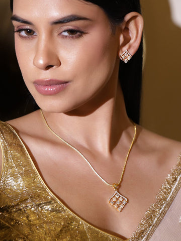 Rubans 18K Gold-Plated Cubic Zirconia Studded Geometric Pendant Designer Necklace Set Pendant Set