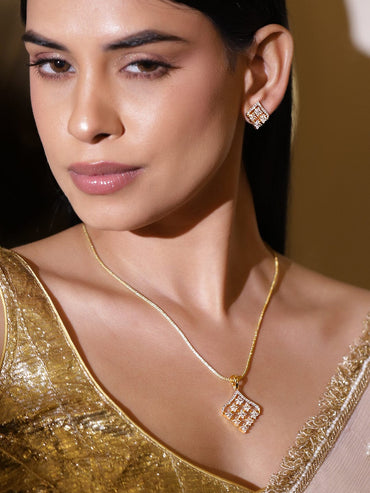 Rubans 18K Gold-Plated Cubic Zirconia Studded Geometric Pendant Designer Necklace Set Pendant Set