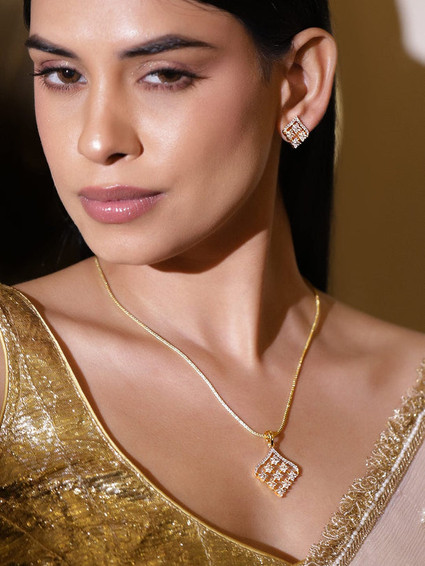 Rubans 18K Gold-Plated Cubic Zirconia Studded Geometric Pendant Designer Necklace Set Pendant Set
