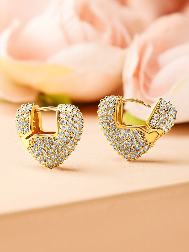 Rubans 18K Gold-Plated Cubic Zirconia Studded Heart Shape Hoop Earrings Earrings