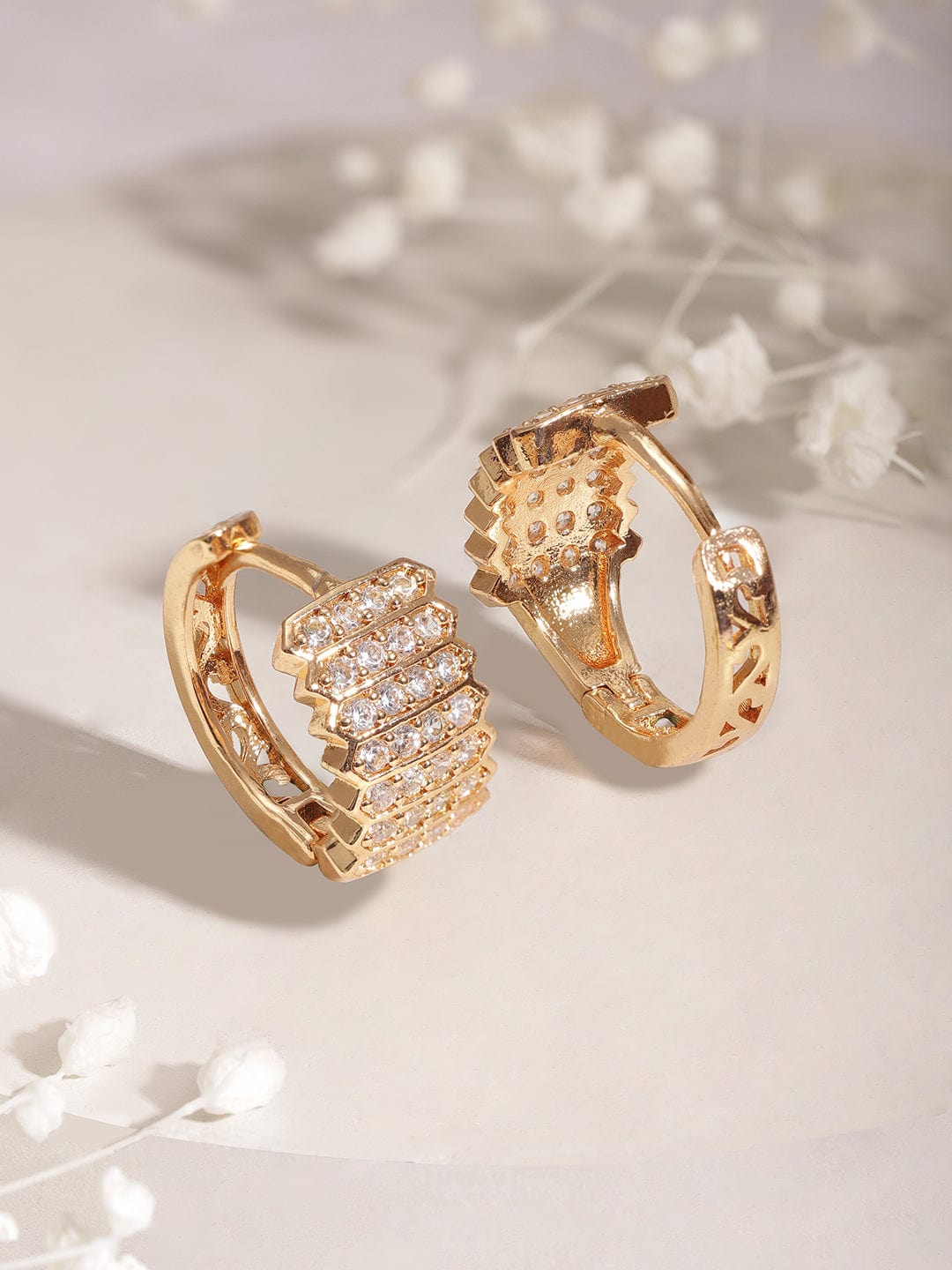 Rubans 18K Gold-Plated Cubic Zirconia Studded Hoop Earrings Hoop Earrings