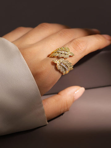 Rubans 18K Gold Plated Cubic Zirconia Studded Leaf Design Adjustable Finger Ring RW30RO407933 RW30RO407933 Finger Ring