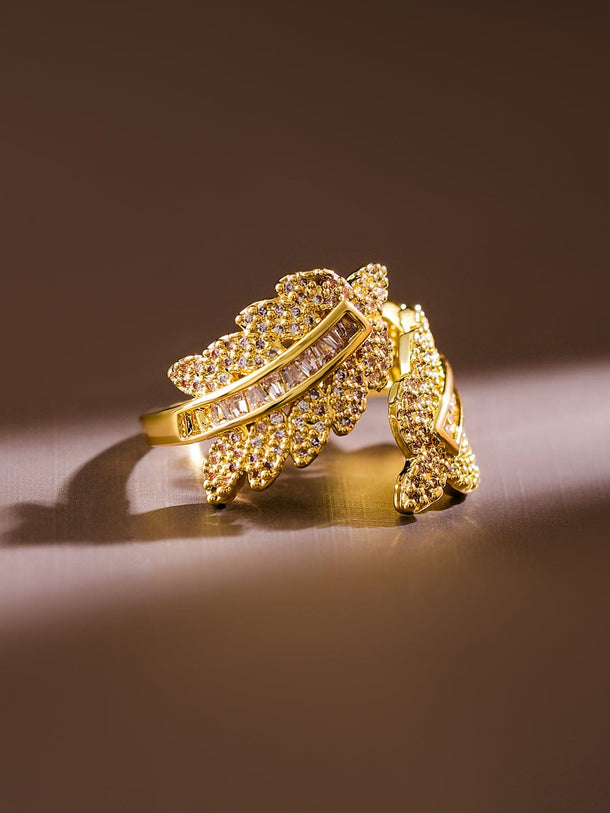 Rubans 18K Gold Plated Cubic Zirconia Studded Leaf Design Adjustable Finger Ring RW30RO407933 RW30RO407933 Rings