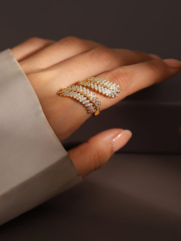 Rubans 18K Gold Plated Cubic Zirconia Studded Leaf Design Adjustable Openable Ring Finger Ring