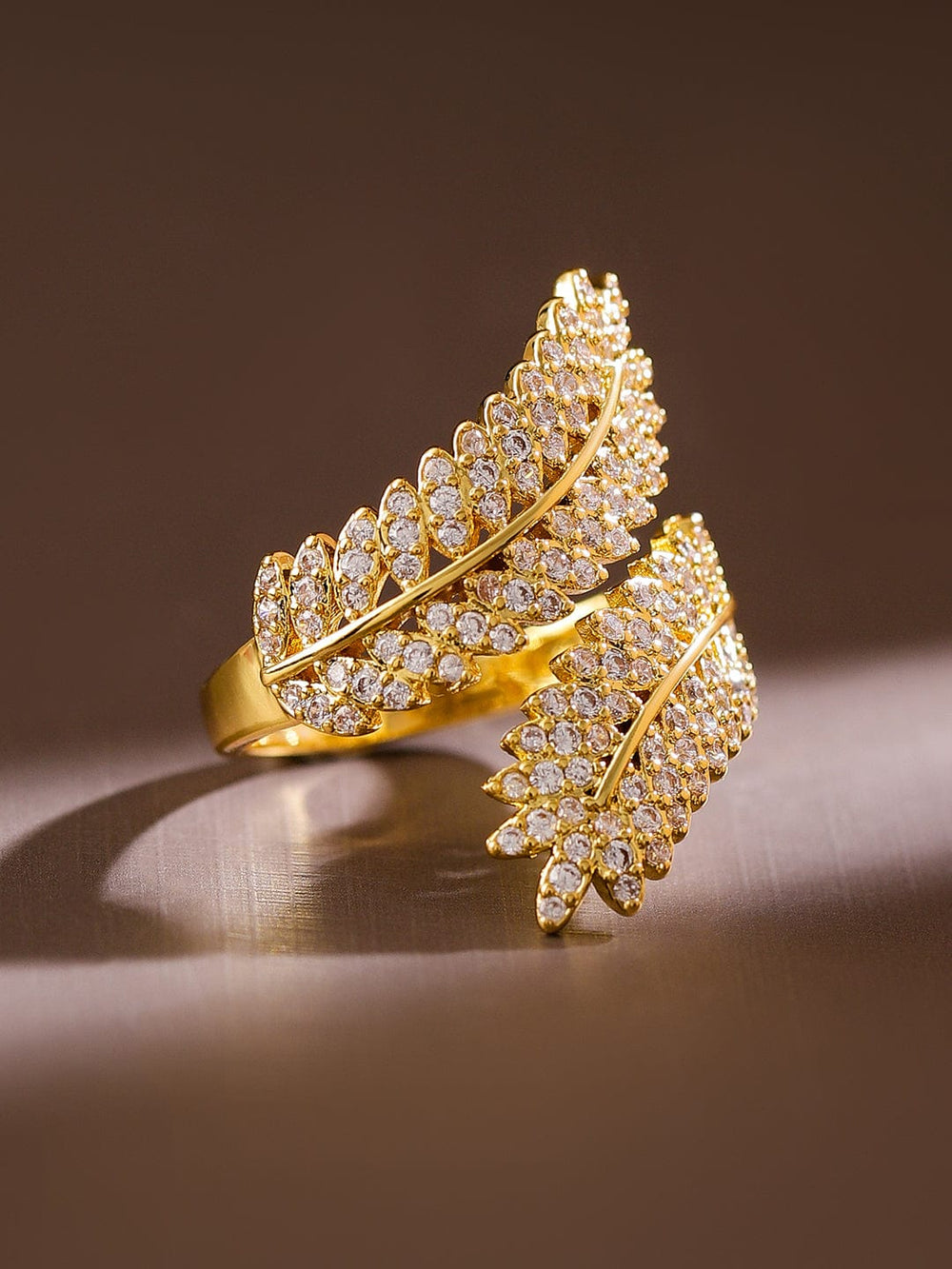 Rubans 18K Gold Plated Cubic Zirconia Studded Leaf Design Adjustable Openable Ring Rings