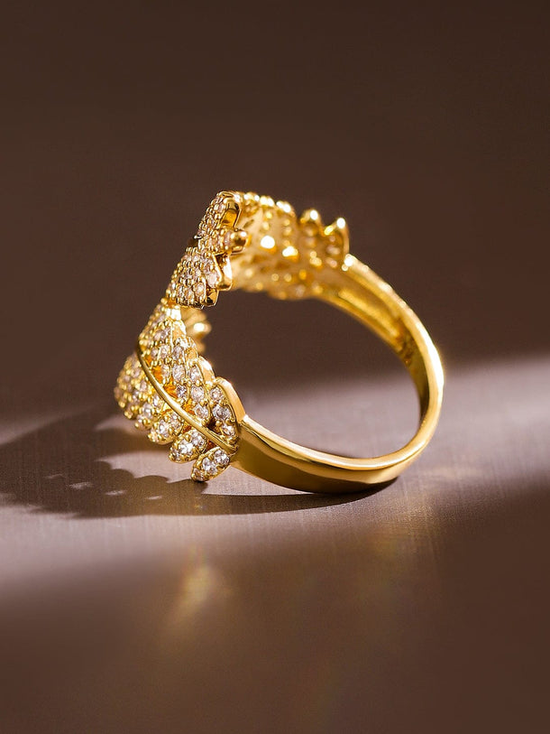 Rubans 18K Gold Plated Cubic Zirconia Studded Leaf Design Adjustable Openable Ring Rings