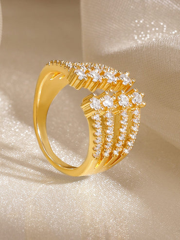 Rubans 18K Gold-Plated Cubic Zirconia Studded Multi-Row Adjustable Statement Ring Rings