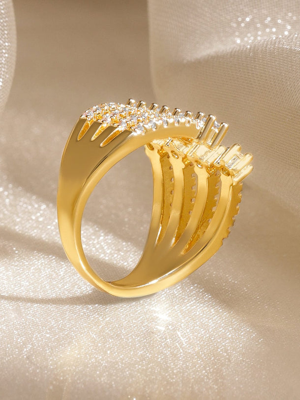 Rubans 18K Gold-Plated Cubic Zirconia Studded Multi-Row Adjustable Statement Ring Rings