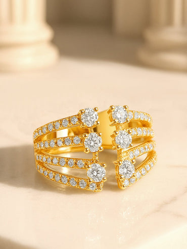 Rubans 18K Gold-Plated Cubic Zirconia Studded Multi-Row Adjustable Statement Ring Rings