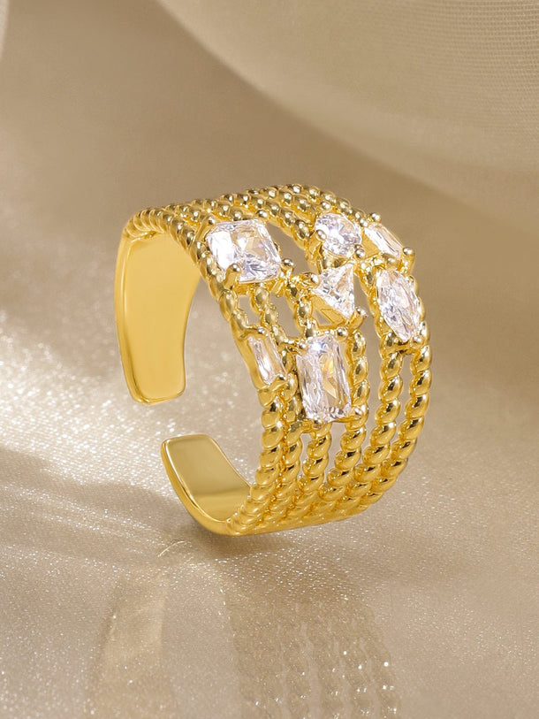 Rubans 18K Gold-Plated Cubic Zirconia Studded Multi-Shape Adjustable Statement Ring Rings