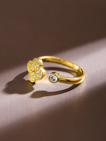 Rubans 18K Gold-Plated Cubic Zirconia Studded Openable Clover Design Adjustable Ring Rings