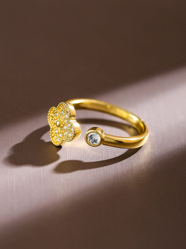 Rubans 18K Gold-Plated Cubic Zirconia Studded Openable Clover Design Adjustable Ring Rings