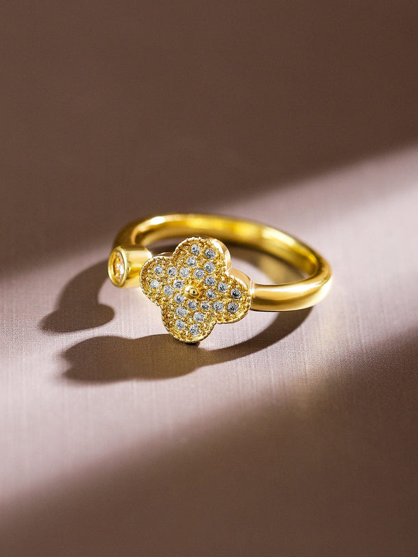 Rubans 18K Gold-Plated Cubic Zirconia Studded Openable Clover Design Adjustable Ring Rings