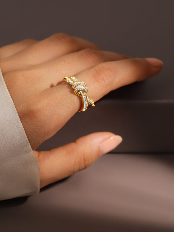 Rubans 18K Gold-Plated Cubic Zirconia Studded Openable Knot Design Adjustable Ring Finger Ring