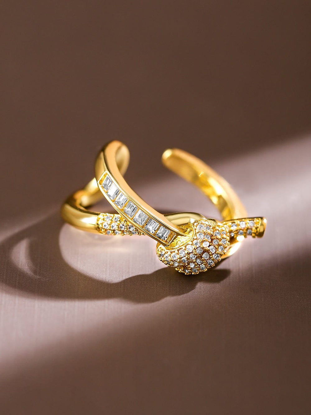 Rubans 18K Gold-Plated Cubic Zirconia Studded Openable Knot Design Adjustable Ring Rings