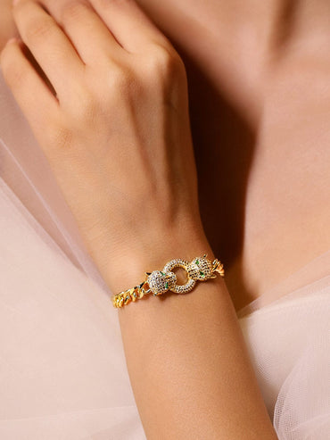 Rubans 18K Gold-Plated Cubic Zirconia Studded Panther Motif Cuban Chain Bracelet Bangles & Bracelet