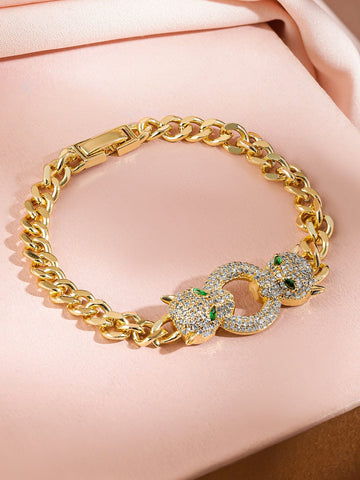 Rubans 18K Gold-Plated Cubic Zirconia Studded Panther Motif Cuban Chain Bracelet Wristwear