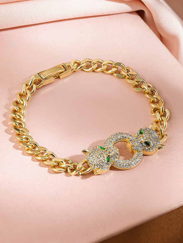 Rubans 18K Gold-Plated Cubic Zirconia Studded Panther Motif Cuban Chain Bracelet Wristwear