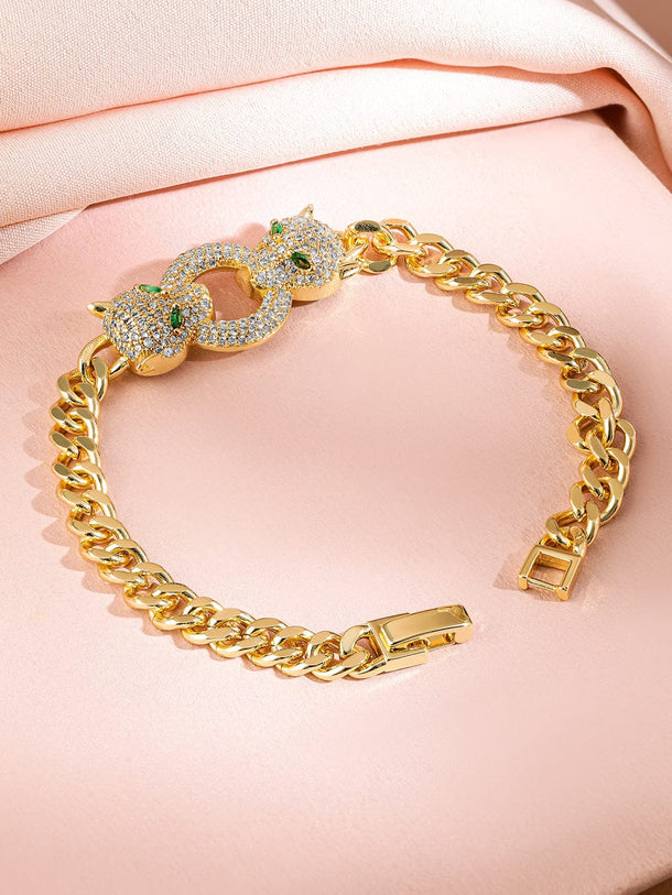 Rubans 18K Gold-Plated Cubic Zirconia Studded Panther Motif Cuban Chain Bracelet Wristwear