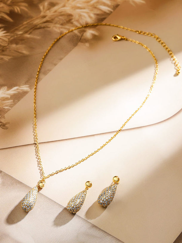 Rubans 18K Gold-Plated Cubic Zirconia Studded Pear-Shaped Pendant Necklace & Earrings Set Necklace & Chains