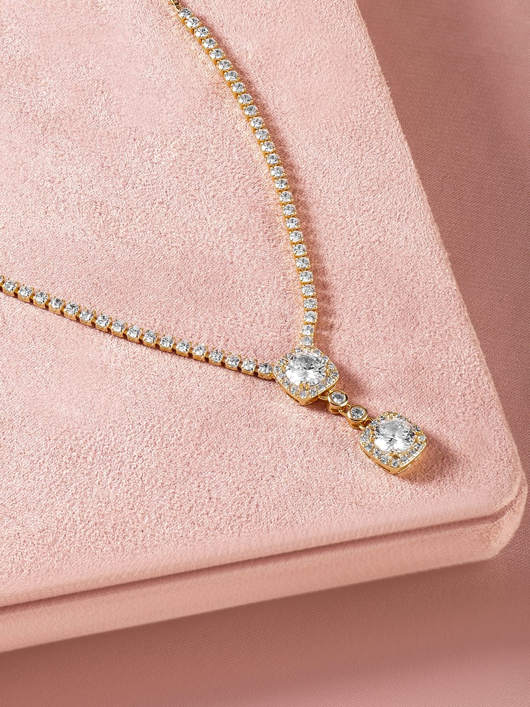 Rubans 18K Gold Plated Cubic Zirconia Studded Pendant Necklace with Adjustable Chain Necklace and Chains