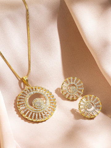Rubans 18K Gold-Plated Cubic Zirconia Studded Radiant Circle Pendant Necklace Set Pendant Set