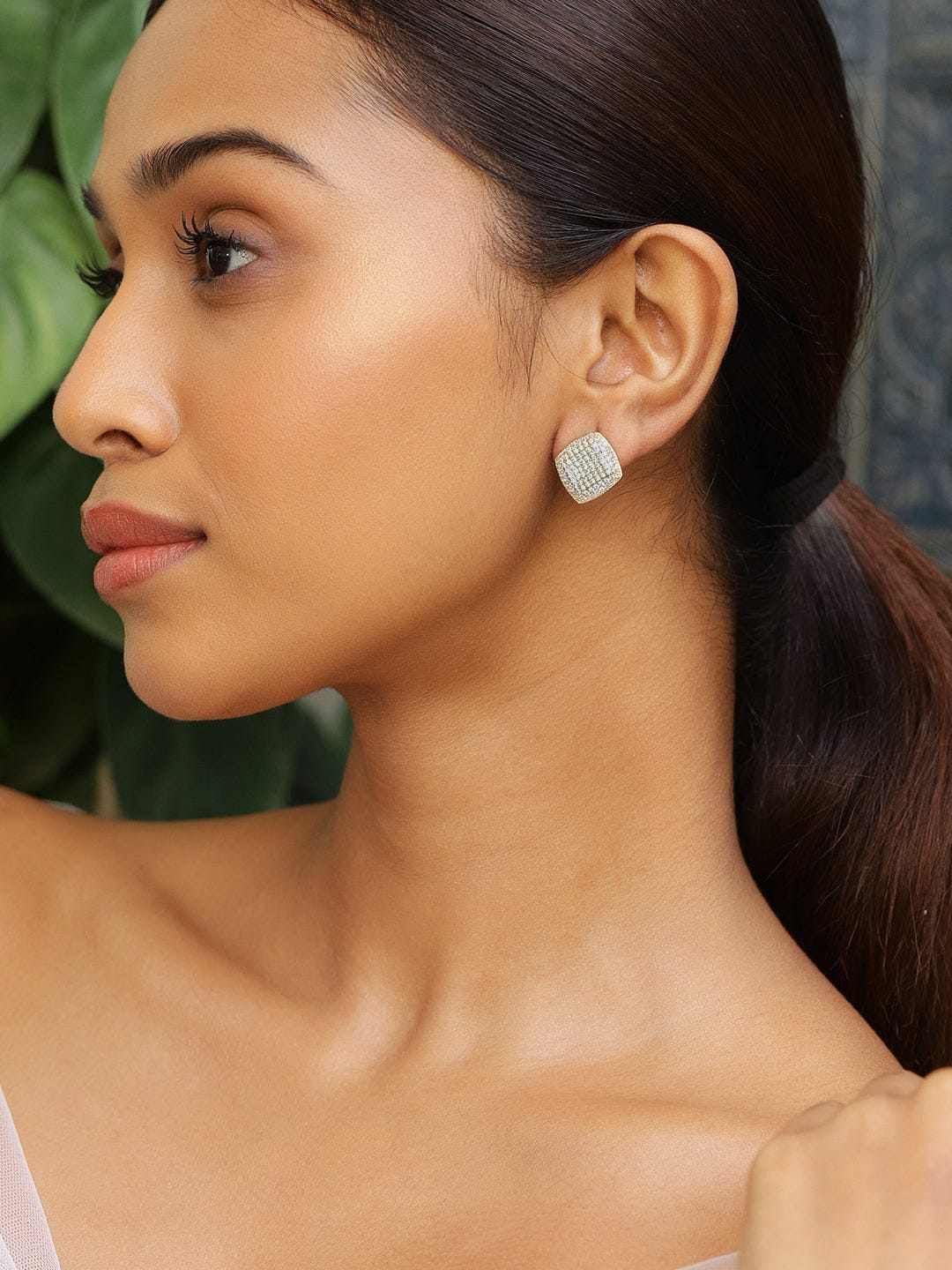 Rubans 18K Gold-Plated Cubic Zirconia Studded Square Stud Earrings Earrings