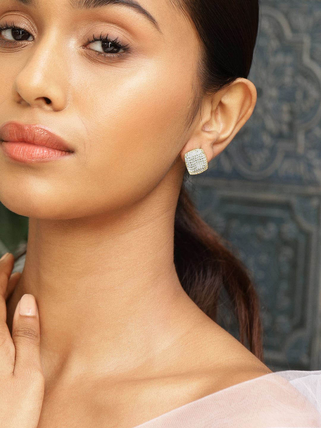 Rubans 18K Gold-Plated Cubic Zirconia Studded Square Stud Earrings Earrings