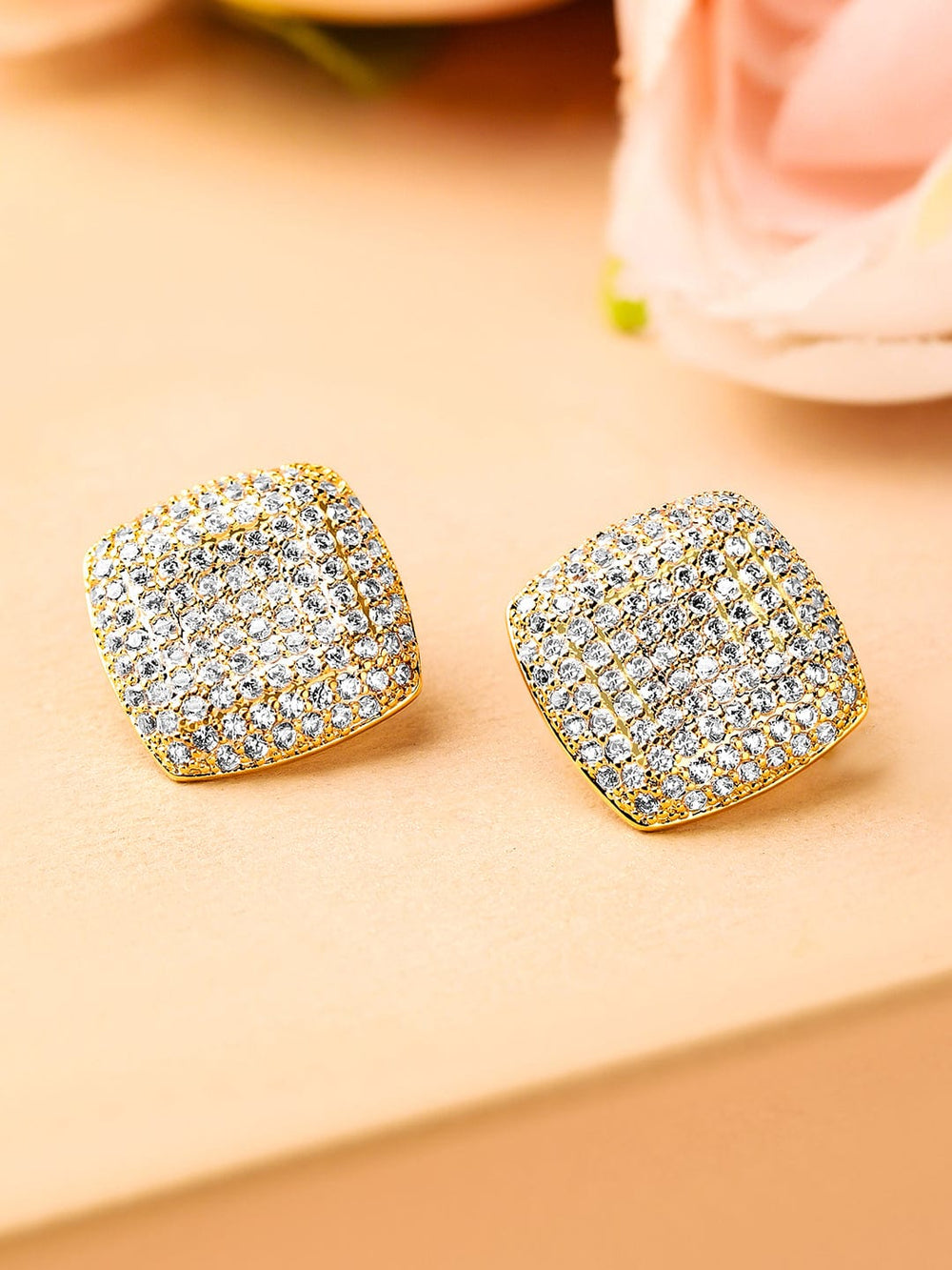 Rubans 18K Gold-Plated Cubic Zirconia Studded Square Stud Earrings Earrings