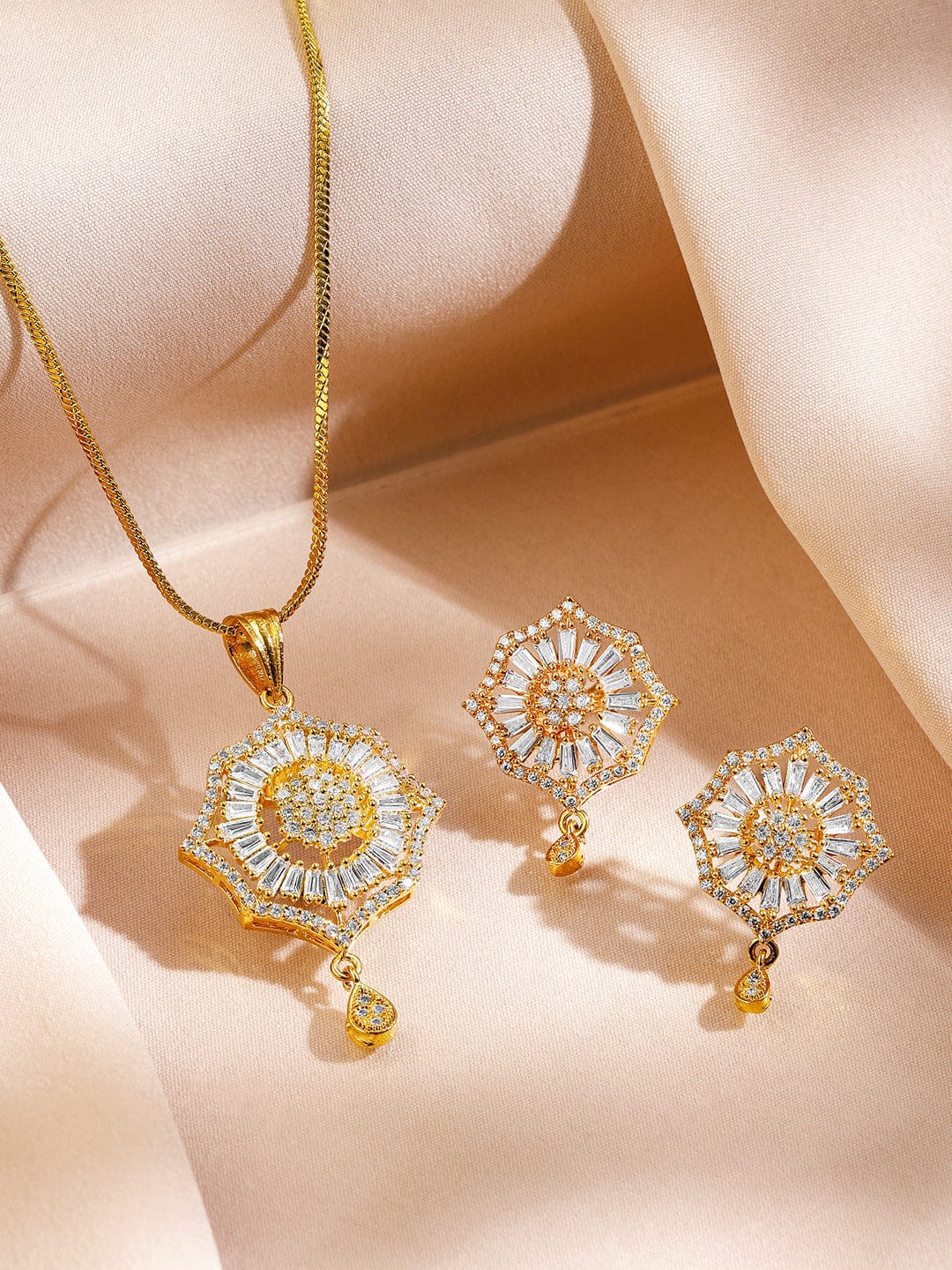 Rubans 18K Gold-Plated Cubic Zirconia Studded Starburst Drop Classic Pendant Necklace Set Jewellery Set
