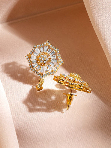 Rubans 18K Gold-Plated Cubic Zirconia Studded Starburst Drop Classic Pendant Necklace Set Jewellery Set