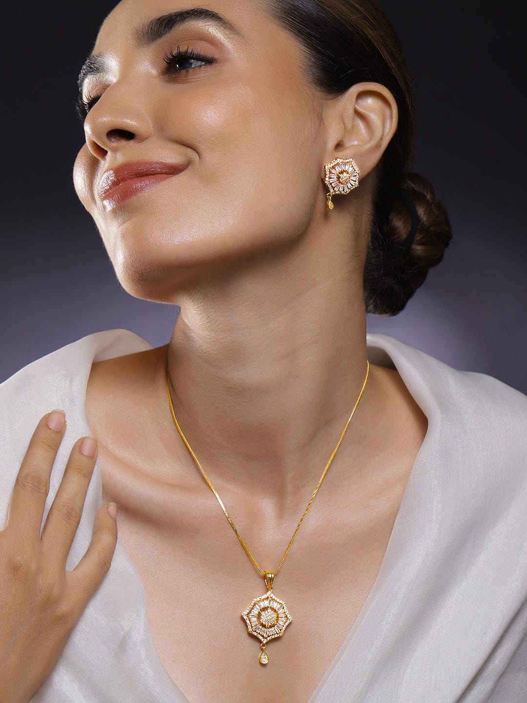 Rubans 18K Gold-Plated Cubic Zirconia Studded Starburst Drop Classic Pendant Necklace Set Jewellery Set