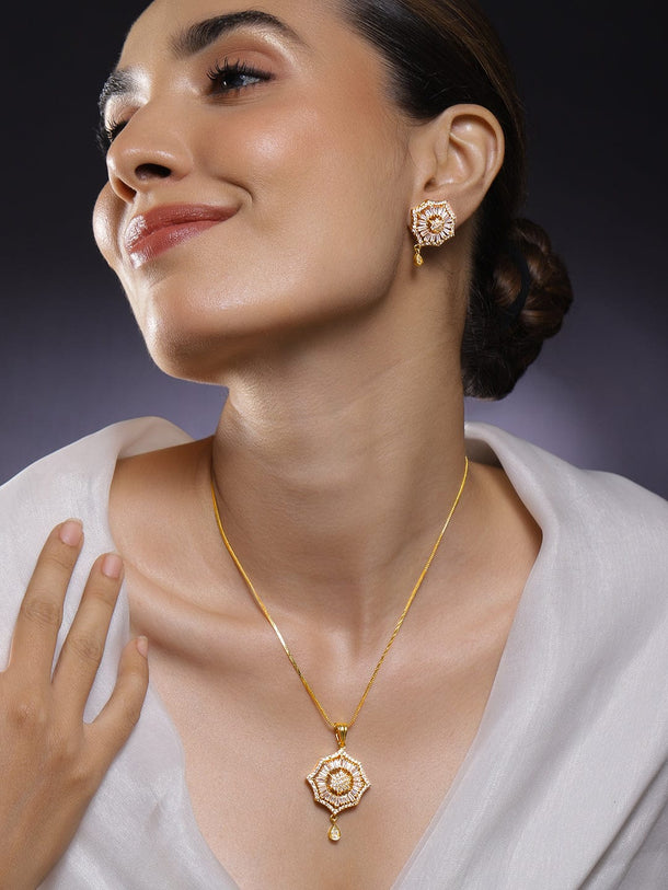 Rubans 18K Gold-Plated Cubic Zirconia Studded Starburst Drop Classic Pendant Necklace Set Jewellery Set