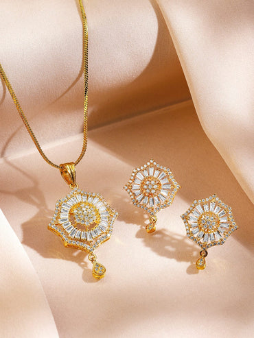 Rubans 18K Gold-Plated Cubic Zirconia Studded Starburst Drop Classic Pendant Necklace Set Pendant Set
