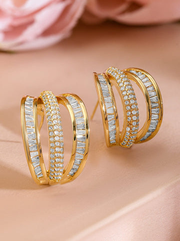 Rubans 18K Gold-Plated Cubic Zirconia Studded Triple Band Hoop Earrings Earrings
