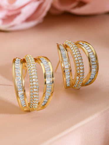 Rubans 18K Gold-Plated Cubic Zirconia Studded Triple Band Hoop Earrings Earrings