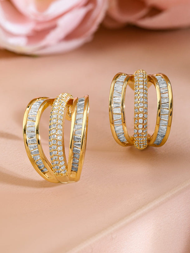 Rubans 18K Gold-Plated Cubic Zirconia Studded Triple Band Hoop Earrings Earrings